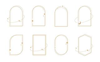 Modern minimalist aesthetic line elements, trendy linear frames with stars, geometric forms. Arch frame with sparkles for social media or poster design, simple decorative boho style border vector set