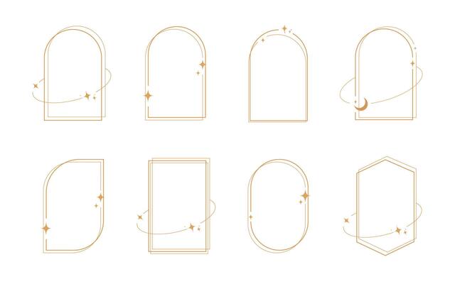 Modern minimalist aesthetic line elements, trendy linear frames with stars, geometric forms. Arch frame with sparkles for social media or poster design, simple decorative boho style border vector set