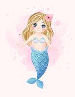 Watercolor Illustration set of cute mermaid and elements vector