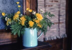 a vase filled with yellow flowers sitting on a table photo