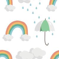 Rainbow with clouds and umbrella vector pattern in doodle style.