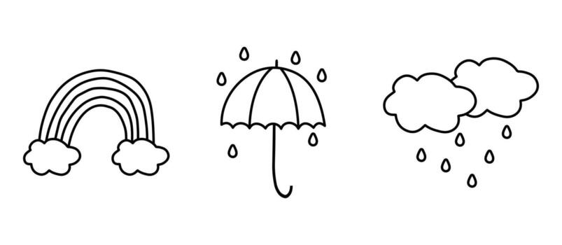 Rainbow with clouds and umbrella in doodle style. vector