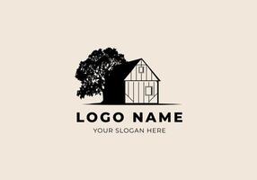 Logo Villa or House and big tree background. Hospitality logo design. Editable color vector