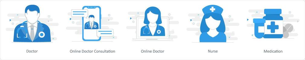 A set of 5 Mix icons as doctor, online doctor consultation, online doctor vector