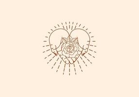 Logo Line Open Hand Looking Up or Asking or Pray With Rose Flower concept, Rose, Botanical Logo Concept. Boho, Line, handrawn logo design, editable color vector
