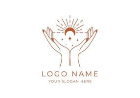 Logo Line Open Hand Looking Up or Asking or Pray With Moon concept. Stars, Moon and Spiritual Logo Concept. Boho, Line, handrawn logo design, editable color vector