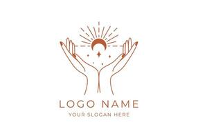 Logo Line Open Hand Looking Up or Asking or Pray With Moon concept. Stars, Moon and Spiritual Logo Concept. Boho, Line, handrawn logo design, editable color vector