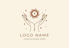Logo Line Open Hand Looking Up or Asking or Pray With Spiral concept, Hole, Spiral Logo Concept. Boho, Line, handrawn logo design, editable color vector