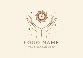 Logo Line Open Hand Looking Up or Asking or Pray With Spiral concept, Hole, Spiral Logo Concept. Boho, Line, handrawn logo design, editable color vector