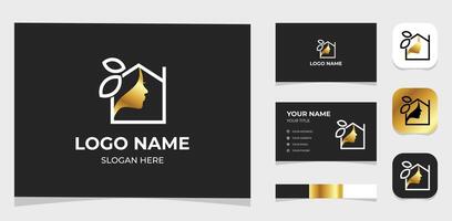 Template Logo Creative Leaf, house or home and women face gold concept. Creative Template with color pallet, visual branding, business card and icon. vector