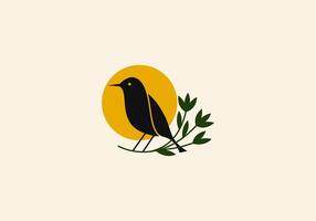 Logo Silhouette Bird and sunshine with branch leaf, Minimalist and modern logo design, editable color vector