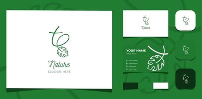 Template Logo Creative Initial T and Nature with line art of Leaf. Creative Template with color pallet, visual branding, business card and icon. vector