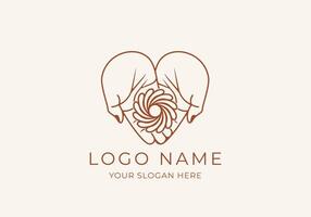 Logo Line Open Hand Looking Up or Asking or Pray With Spiral concept, Hole, Spiral Logo Concept. Boho, Line, handrawn logo design, editable color vector