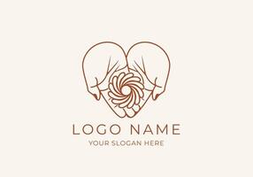 Logo Line Open Hand Looking Up or Asking or Pray With Spiral concept, Hole, Spiral Logo Concept. Boho, Line, handrawn logo design, editable color vector