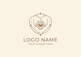 Logo Line Open Hand Looking Up or Asking or Pray With Moon concept. Stars, Moon and Spiritual Logo Concept. Boho, Line, handrawn logo design, editable color vector