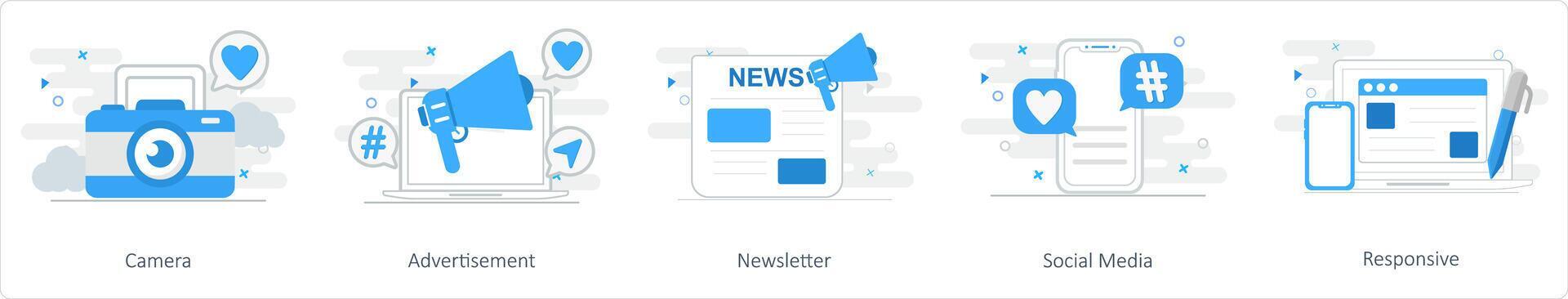 A set of 5 mix icons as camera, advertisement, newsletter