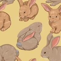 Cute baby rabbits seamless pattern. Ornament of bunnies pretty animals. Contemporary vector illustration. Modern style design for wallpaper, decor, wrap, background, textile.