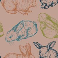 Cute baby rabbits seamless pattern. Ornament of bunnies pretty animals. Vector illustration in retro engraving style. Abstract design for wallpaper, decor, wrap, background, textile.