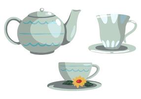 Doodles of cute teapot and mugs. Collection of hand drawn vector illustrations. Colorful cartoon cliparts isolated on white background. Simple elements for design, print, decor, postcard, stickers.