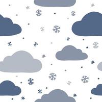 Hand drawn graphic vector background. Cartoon clouds and snowflakes. Winter seamless pattern. Wallpaper isolated in white. Drawing for child's. Design for wrapping paper, fabric, prints and etc.