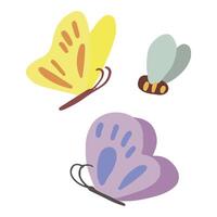 Doodles of butterfly and bee set. Collection of hand drawn vector illustrations. Colorful cartoon cliparts isolated on white background. Simple elements for design, print, decor, postcard, stickers.