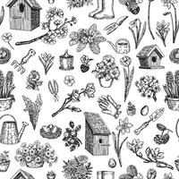 Spring time seamless pattern. Ornament of berries, bird houses, gardening tools, blooming tree, wild flowers, berries. Design in retro engraving style. vector