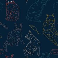 Cats pet animals, kittens seamless pattern. Hand drawn vector illustration. Black contour ornament. Design for decor, wallpaper, background, textile.