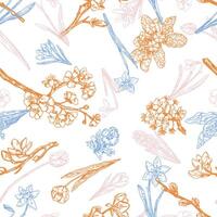 Spring botanical seamless pattern. Ornament of blooming tree branches, wild flowers. Vector design in retro engraving style.