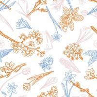 Spring botanical seamless pattern. Ornament of blooming tree branches, wild flowers. Vector design in retro engraving style.