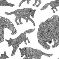 Hand drawn abstract vector seamless pattern. Background of geometric wild animals. Wolf, fox, bear in polygonal style. Black contour wallpaper isolated on transparent. For design print, wrap, fabric.