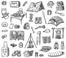 Travelling doodles collection. Sketches set of camping items, hiking equipment, journey attributes. Vector illustration in engraving style isolated on white.