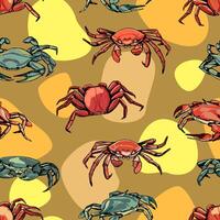 Vintage hand drawn vector seamless pattern. Background of beautiful crabs. Realistic graphic sketches of crustacean animals. Bright surface design for wallpaper, wrap, textile, postcards, prints