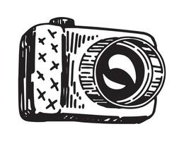 Compact digital camera sketch clipart. Photograph device equipment doodle isolated on white. Hand drawn vector illustration.