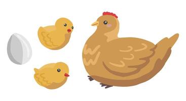 garabatos de linda gallina, pollo y huevo. colección de mano dibujado vector ilustraciones. vistoso dibujos animados clipart aislado en blanco antecedentes. sencillo elementos para diseño, imprimir, decoración, tarjeta postal, pegatina