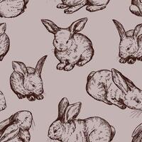 Cute baby rabbits seamless pattern. Ornament of bunnies pretty animals. Vector illustration in retro engraving style. Abstract design for wallpaper, decor, wrap, background, textile.