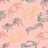 Vintage hand drawn vector seamless pattern. Abstract background of beautiful crabs. Graphic sketches of crustacean animals.