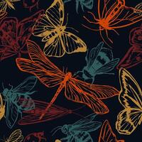 Flying insects vector seamless pattern. Illustration of butterflies, dragonflies, moths, bees. Retro style ornament for design background, decor, wallpaper.