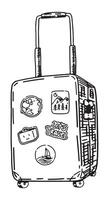 Sketch of suitcase with stickers. Clipart of travel baggage, luggage, trip attribute. Hand drawn vector illustration isolated on white.