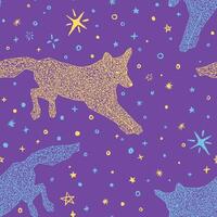 Hand drawn abstract vector seamless pattern. Background of geometric wild animals and stars. Running fox in polygonal style. Colored bright wallpaper in boho style. For design print, wrapping, fabric.