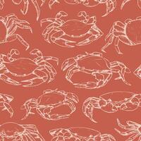 Vintage hand drawn vector seamless pattern. Abstract background of beautiful crabs. Graphic sketches of crustacean animals.