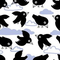 Cute flat ravens. Abstract hand drawn vector seamless pattern. Cartoon ornament with birds. Funny modern design for print, fabric, textile, background, wallpaper, wrap, card, decor.