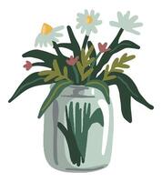 Bouquet of wildflowers in a glass vase. Hand drawn vector illustration. Colorful cartoon clipart isolated on white background. Single doodle element for design, print, decoration, card, sticker, wrap.