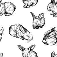 Cute baby rabbits seamless pattern. Ornament of bunnies pretty animals. Vector illustration in retro engraving style. Abstract design for wallpaper, decor, wrap, background, textile.