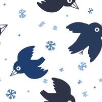 Hand drawn graphic vector background. Cartoon ravens and snowflakes. Cute birds seamless pattern. Wallpaper isolated in white. Drawing for child's. Design for wrapping paper, fabric, prints and etc.