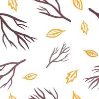 Hand drawn graphic vector background. Fallen leaves and branches. Autumn weather seamless pattern. Colorful wallpaper isolated in white. Design for wrapping paper, fabric, prints and etc.