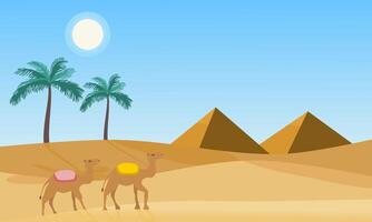 Desert landscape with pyramid, camel, and palm tree in day light. Vector illustration.