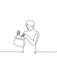 man holding an open bag or package and looking inside - one line drawing vector. the concept of receiving a gift, checking in someone else's bag vector