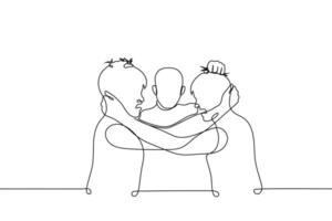 men grabbed each other and the third grabbed them both by the hair - one line drawing vector. the concept of a fight, break up a fight, punish behavior vector