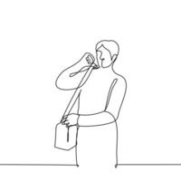 man with long-handle bag - one line drawing vector. concept courier, postman vector