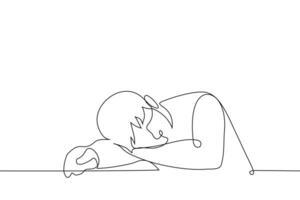 hombre mentiras en un mesa utilizando su mano como un almohada - uno línea dibujo vector. el concepto de siendo cansado y que cae dormido sentado a el mesa vector